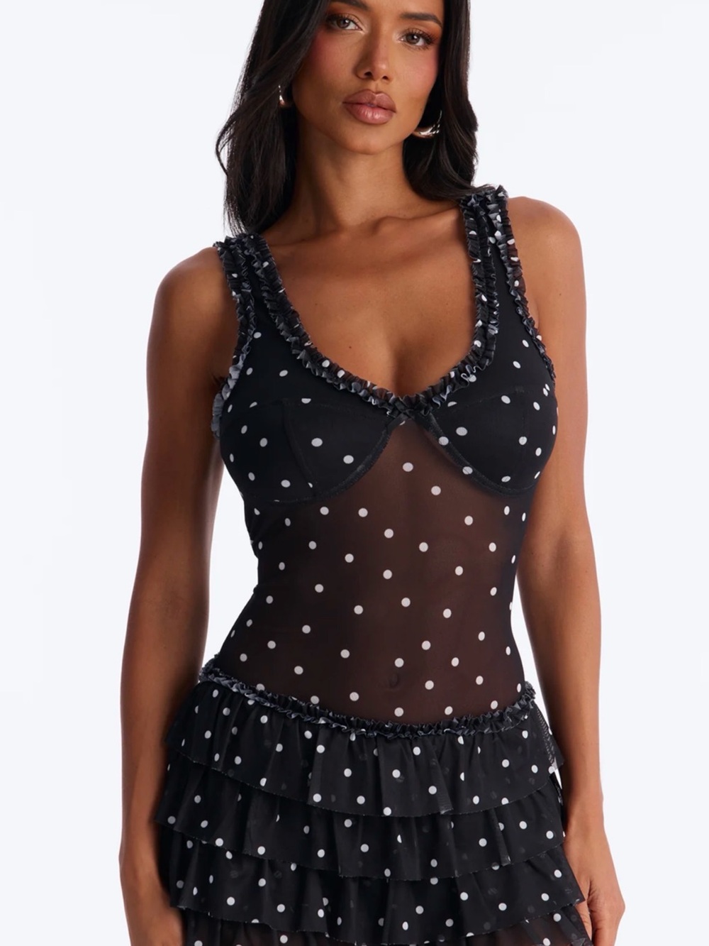 Fashion Nova Black Polka Dot Mesh Ruffled Romper - Picture 2 of 6